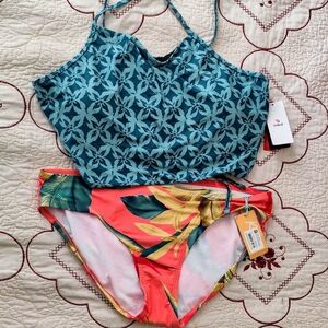 Blue and Coral Leaf Print Bikini Set